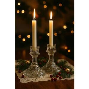 Vintage Pair Pressed Glass Candlestick Holders Starburst Pattern Clear